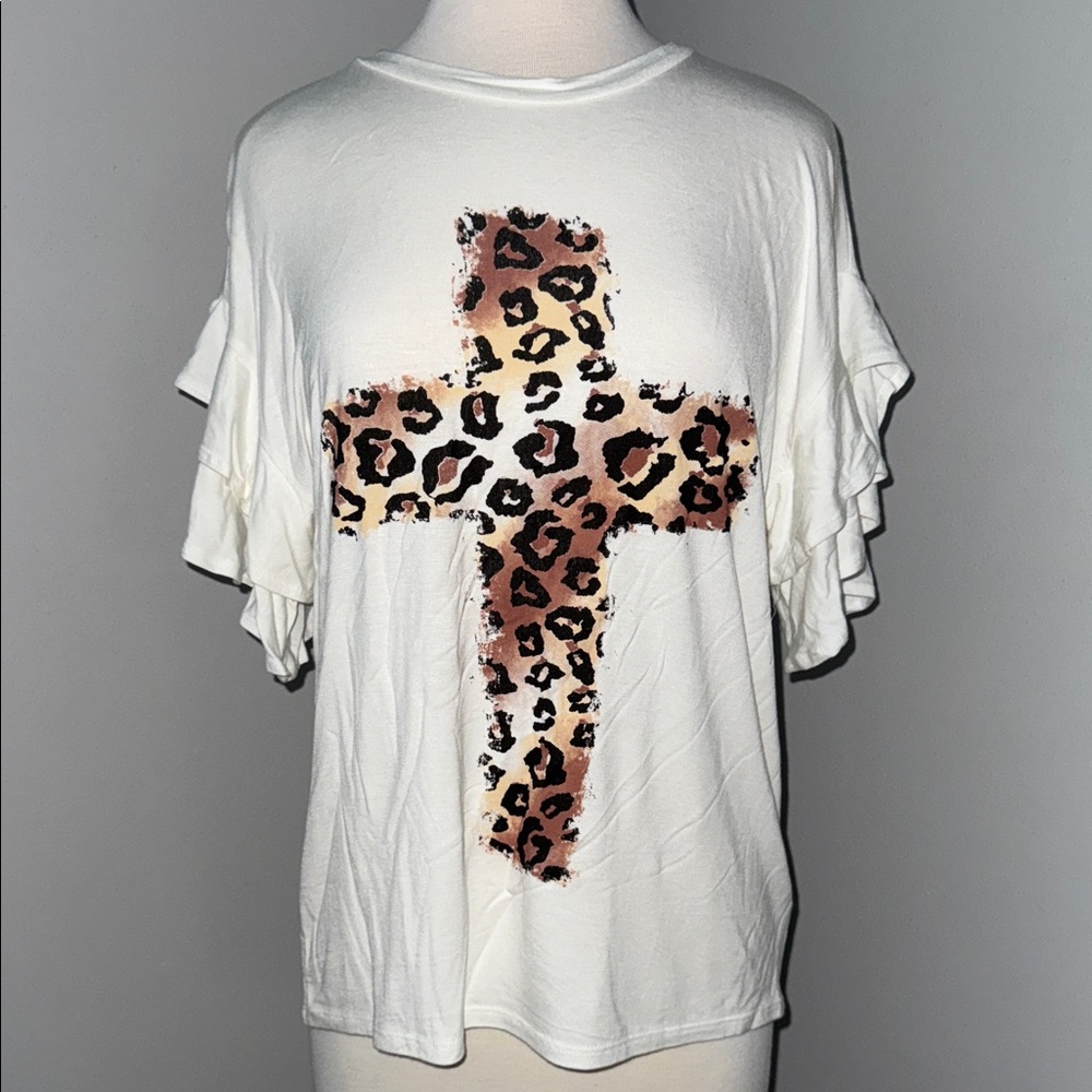 Vine & Love Leopard Cross Ruffle Sleeve Tee